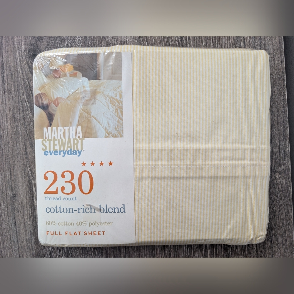 Martha Stewart Everyday Cotton Blend Yellow Striped Full Flat Sheet NWT